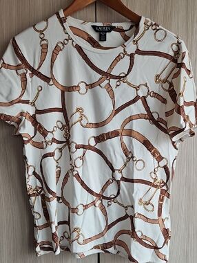 Lauren Ralph Lauren White Tee with Brown & Tan Equestrian Chain Print